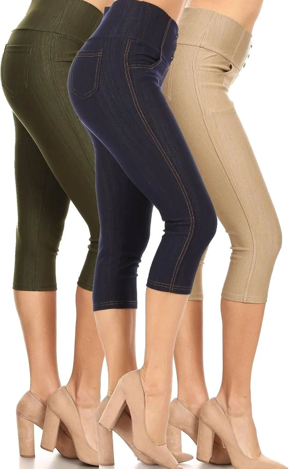 Women's Capri Denim Jeggings High Waisted Pull on Stretch Cropped Skinny Pants Regular & Plus Size