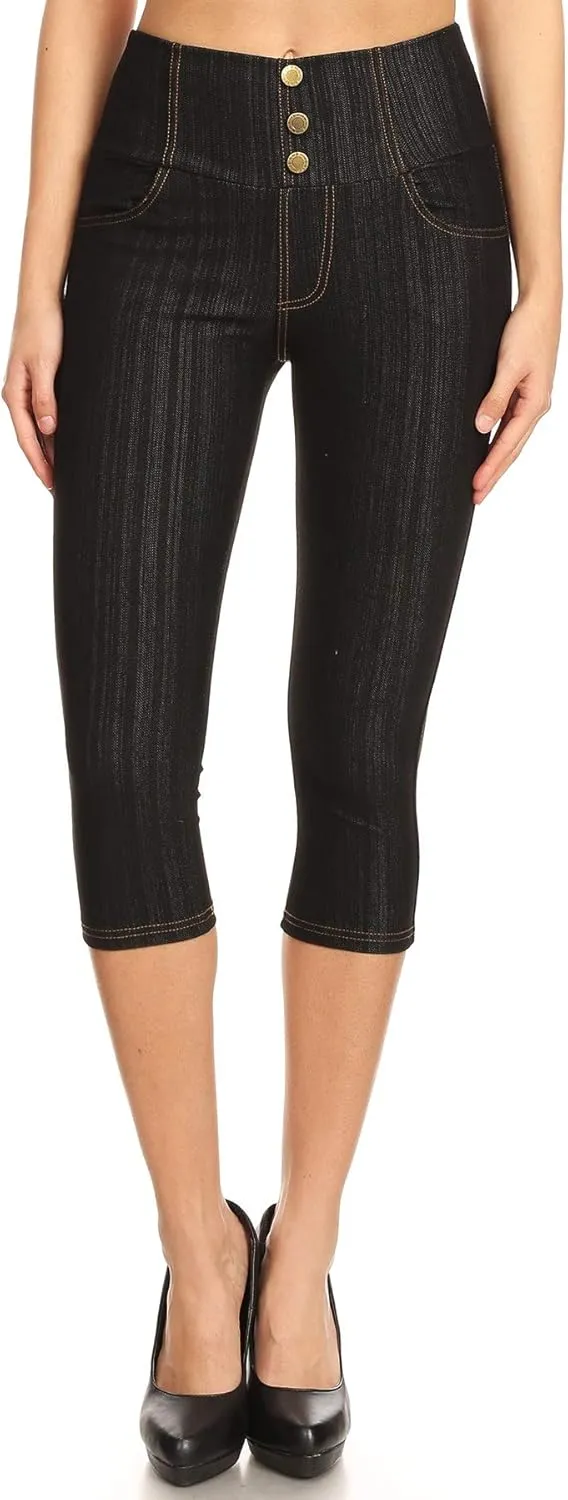 Women's Capri Denim Jeggings High Waisted Pull on Stretch Cropped Skinny Pants Regular & Plus Size