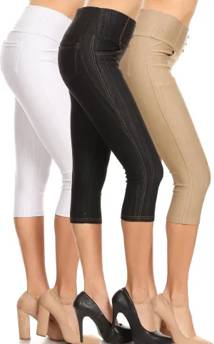 Women's Capri Denim Jeggings High Waisted Pull on Stretch Cropped Skinny Pants Regular & Plus Size