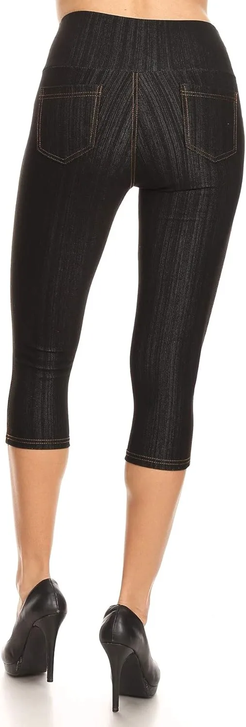 Women's Capri Denim Jeggings High Waisted Pull on Stretch Cropped Skinny Pants Regular & Plus Size
