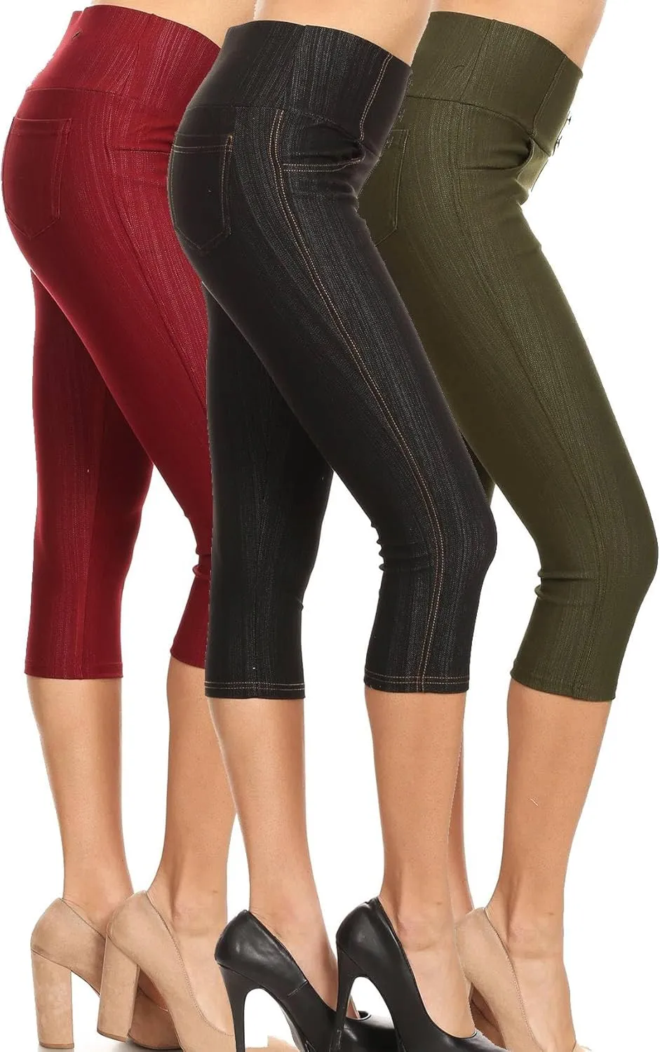 Women's Capri Denim Jeggings High Waisted Pull on Stretch Cropped Skinny Pants Regular & Plus Size