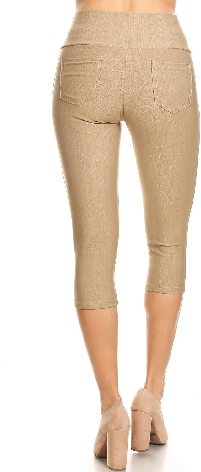 Women's Capri Denim Jeggings High Waisted Pull on Stretch Cropped Skinny Pants Regular & Plus Size