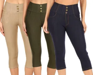 Women's Capri Denim Jeggings High Waisted Pull on Stretch Cropped Skinny Pants Regular & Plus Size