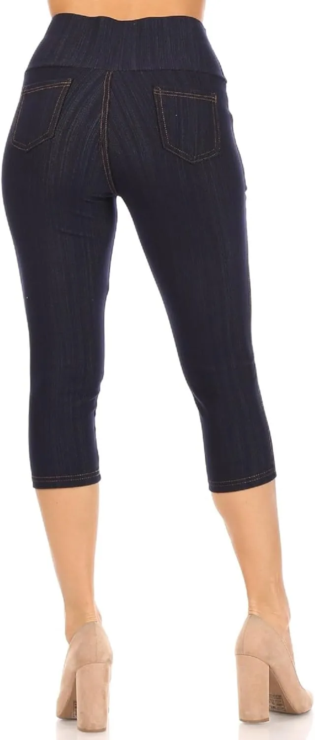 Women's Capri Denim Jeggings High Waisted Pull on Stretch Cropped Skinny Pants Regular & Plus Size