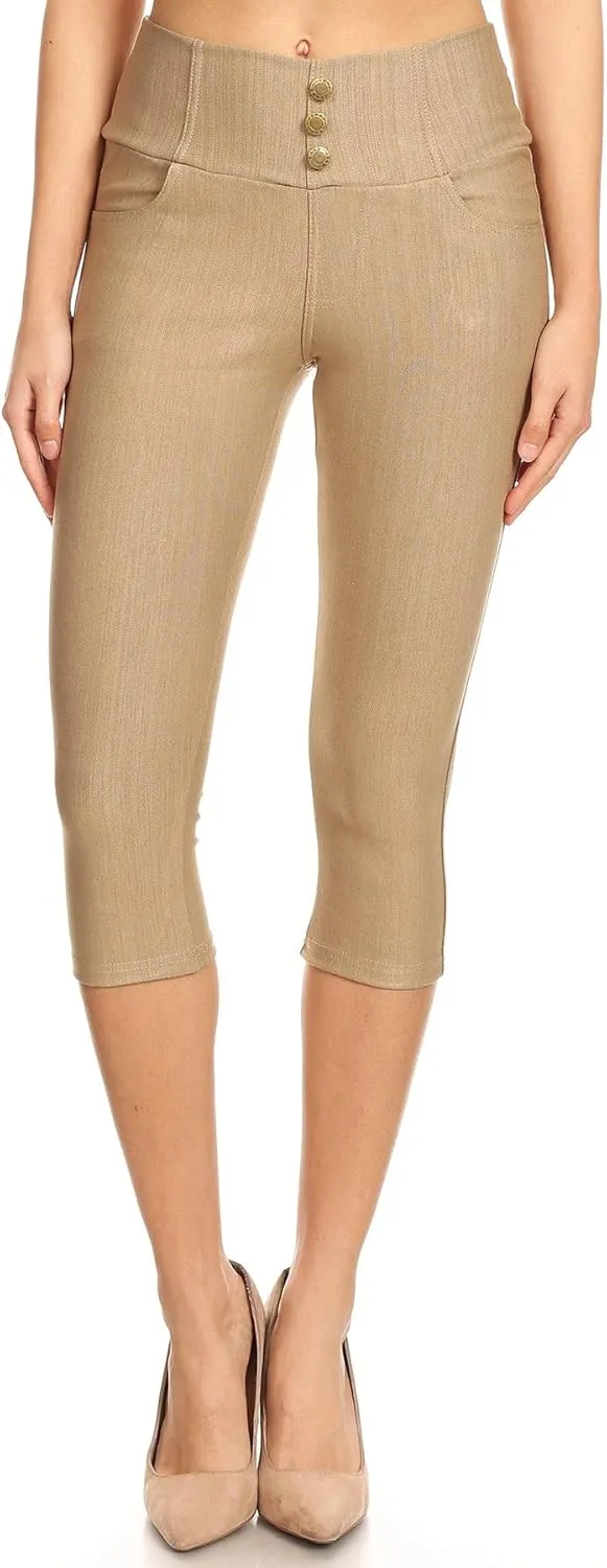 Women's Capri Denim Jeggings High Waisted Pull on Stretch Cropped Skinny Pants Regular & Plus Size