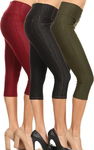 Women's Capri Denim Jeggings High Waisted Pull on Stretch Cropped Skinny Pants Regular & Plus Size