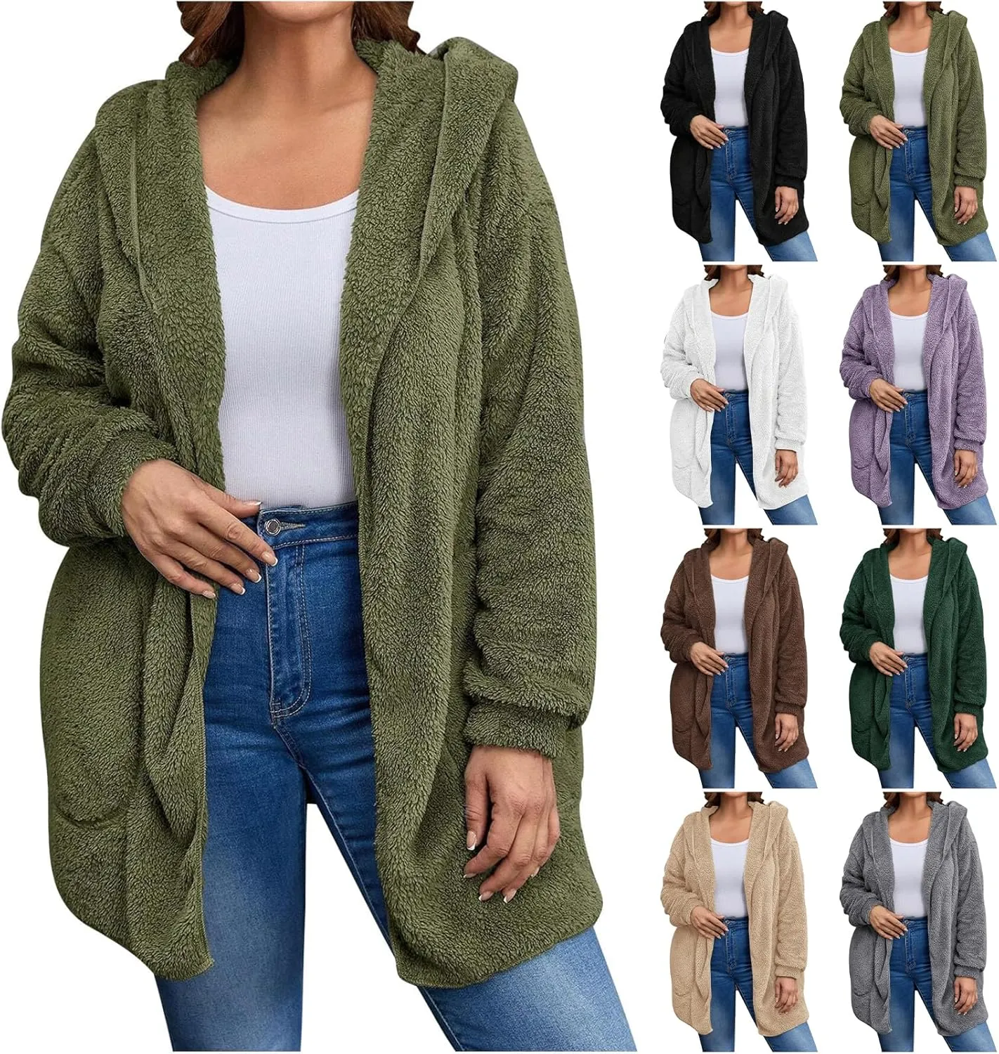 Womens Cardigan Hoodies Winter Oversized Open Front Fuzzy Fleece Hooded Jacket Warm Teddy Coat 2024 Fashion