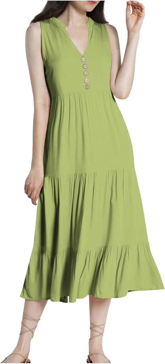 Womens Casual Dresses Button V Neck Maxi Long Dress Summer Sleeveless Empire Waist Ruffle Tiered Swing Sundresses