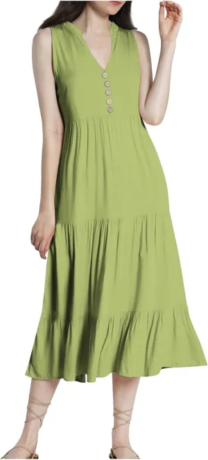 Womens Casual Dresses Button V Neck Maxi Long Dress Summer Sleeveless Empire Waist Ruffle Tiered Swing Sundresses