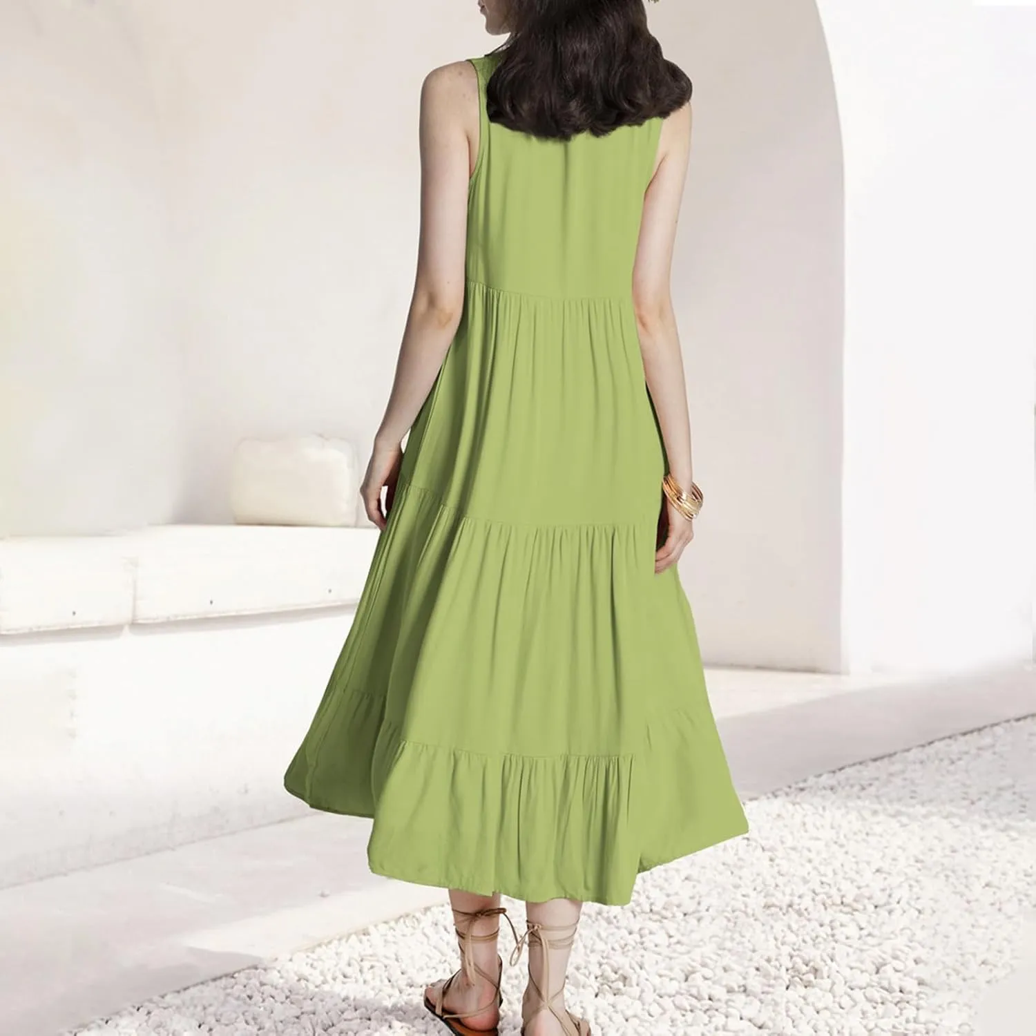 Womens Casual Dresses Button V Neck Maxi Long Dress Summer Sleeveless Empire Waist Ruffle Tiered Swing Sundresses
