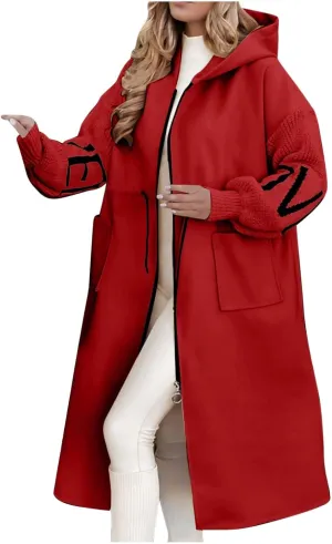 Women's Casual Knitted Sleeve Long Trench Coat Zip Up Hooded Wool Blend Overcoat with Pockets Open Front Cardigan