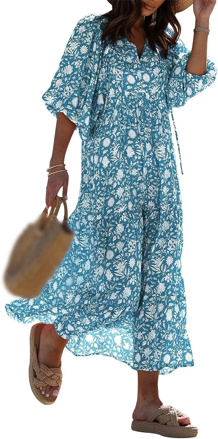 Womens Casual Long Dress V Neck Half Sleeve Geometric Pattern Dress Summer Bohe Floral Loose Flowy Maxi Dresses