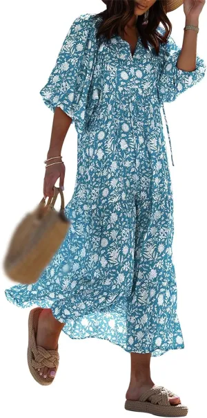 Womens Casual Long Dress V Neck Half Sleeve Geometric Pattern Dress Summer Bohe Floral Loose Flowy Maxi Dresses
