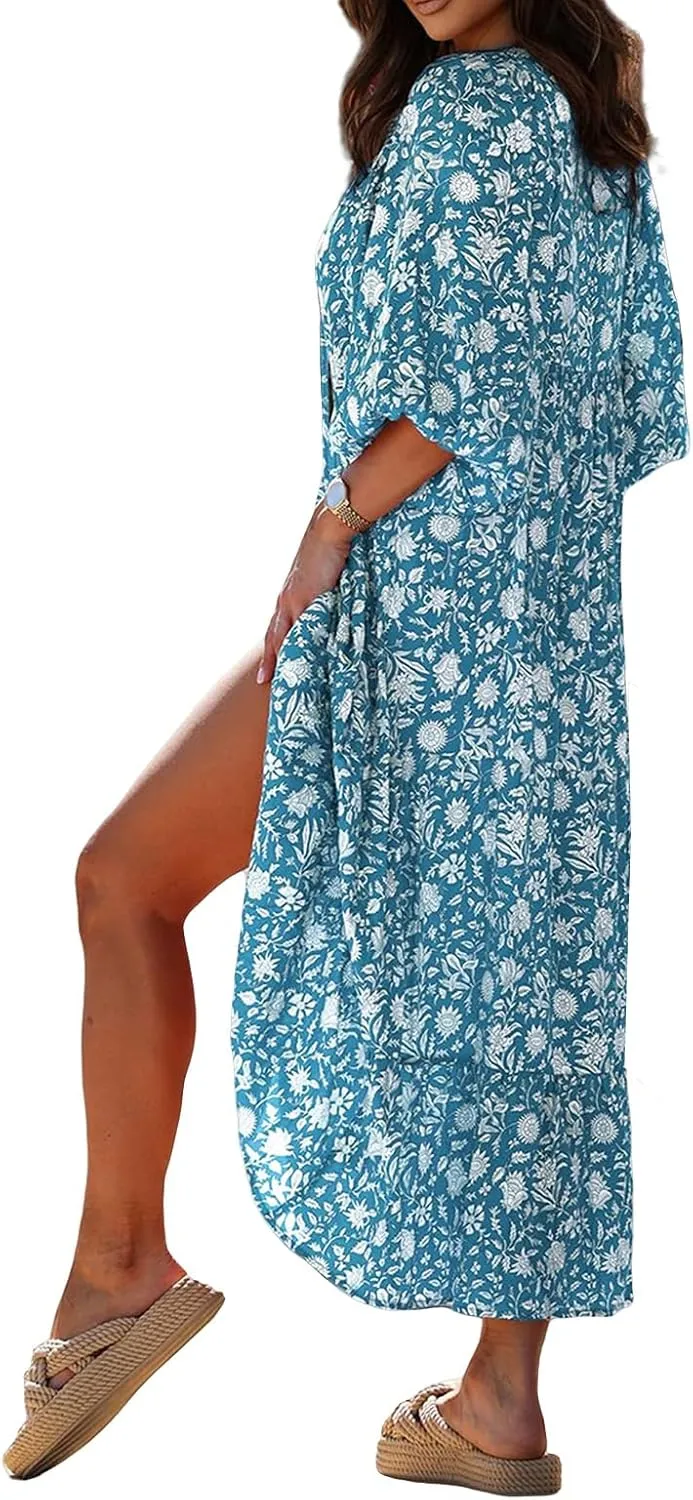 Womens Casual Long Dress V Neck Half Sleeve Geometric Pattern Dress Summer Bohe Floral Loose Flowy Maxi Dresses