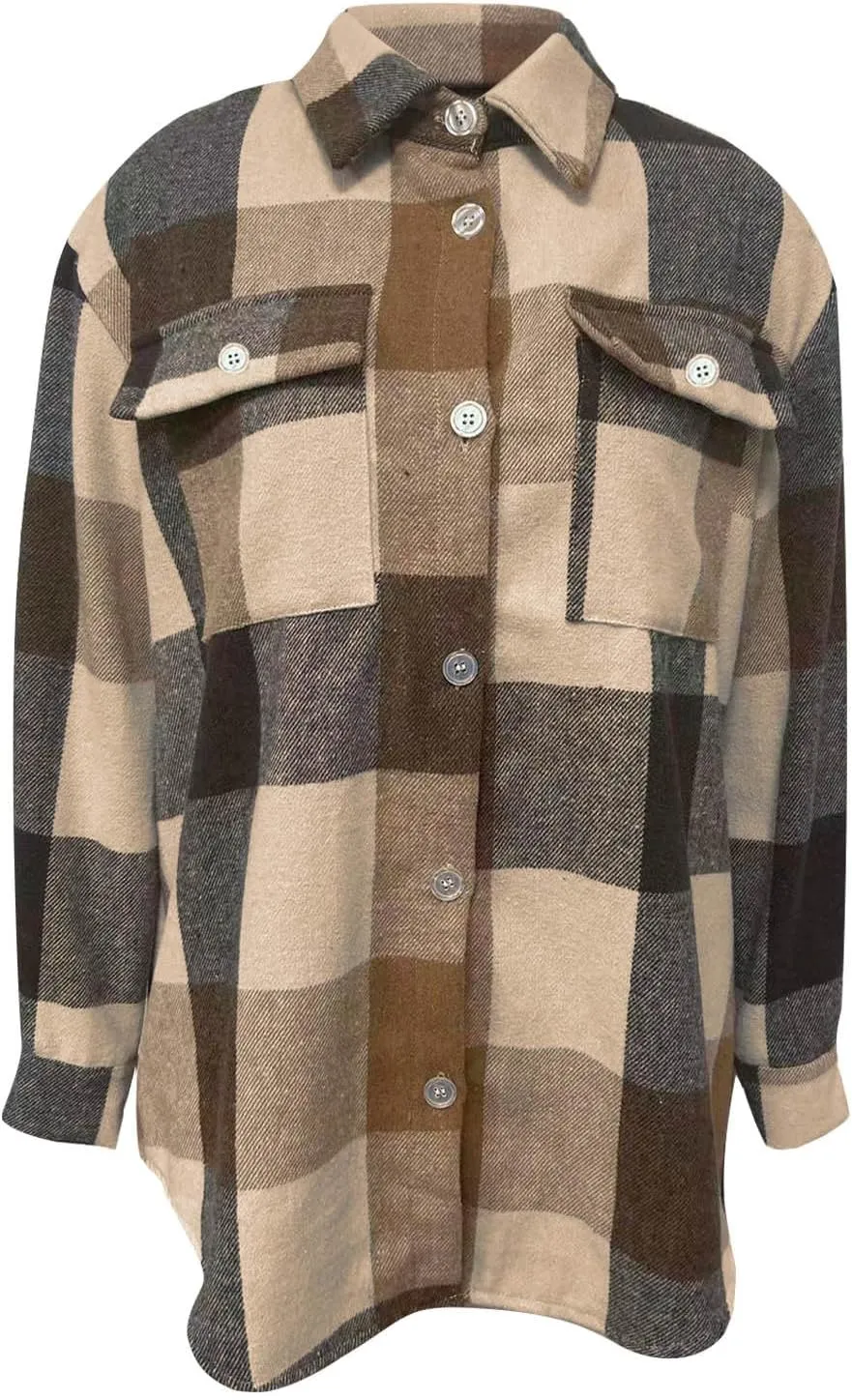 Womens Casual Plaid Jackets Shacket Button Down Long Sleeve Shirts Wool Blend Jackets Tops Loose Pea Coat with Pocket