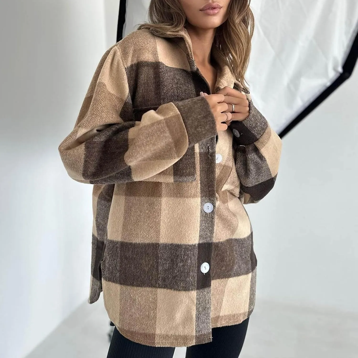 Womens Casual Plaid Jackets Shacket Button Down Long Sleeve Shirts Wool Blend Jackets Tops Loose Pea Coat with Pocket