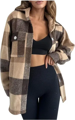 Womens Casual Plaid Jackets Shacket Button Down Long Sleeve Shirts Wool Blend Jackets Tops Loose Pea Coat with Pocket