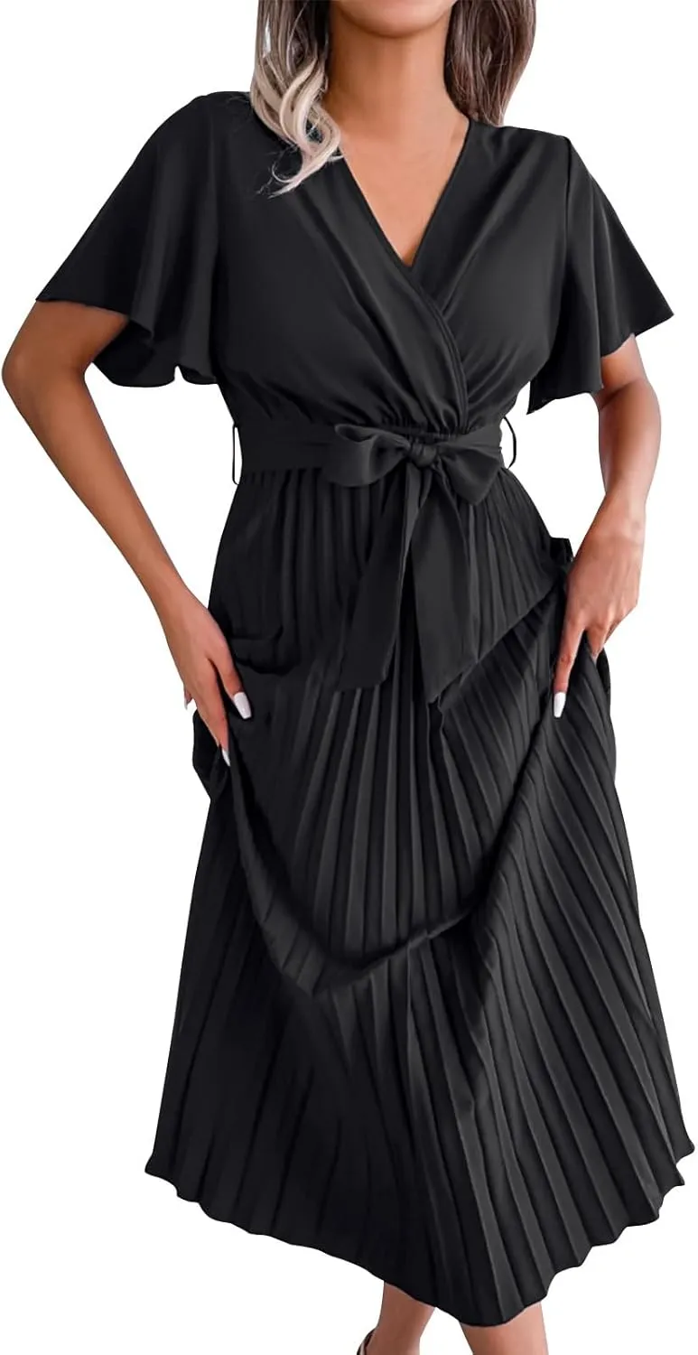 Womens Casual Spring Summer Dresses Short Sleeve V-Neck Wrap Waist Maxi Dress Elegant Pleated Flowy Midi Dress 2025
