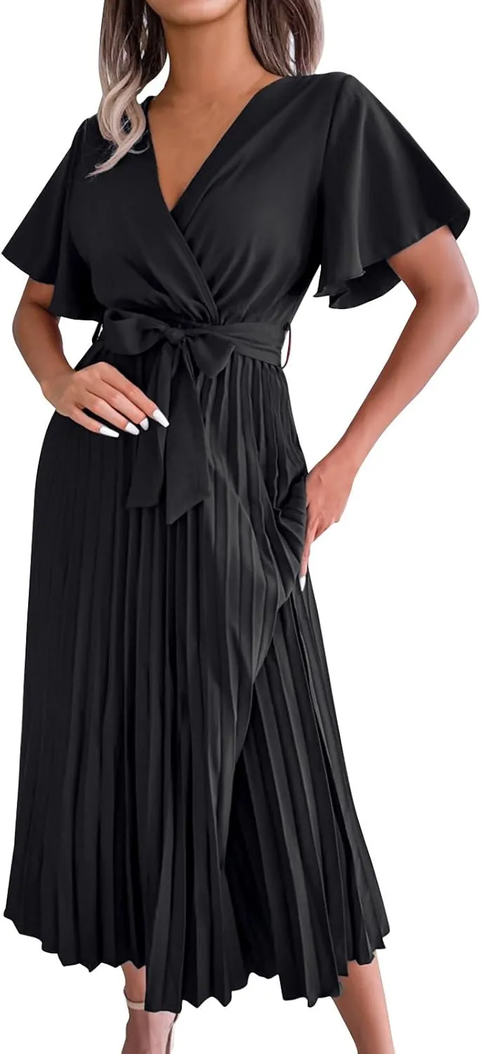 Womens Casual Spring Summer Dresses Short Sleeve V-Neck Wrap Waist Maxi Dress Elegant Pleated Flowy Midi Dress 2025