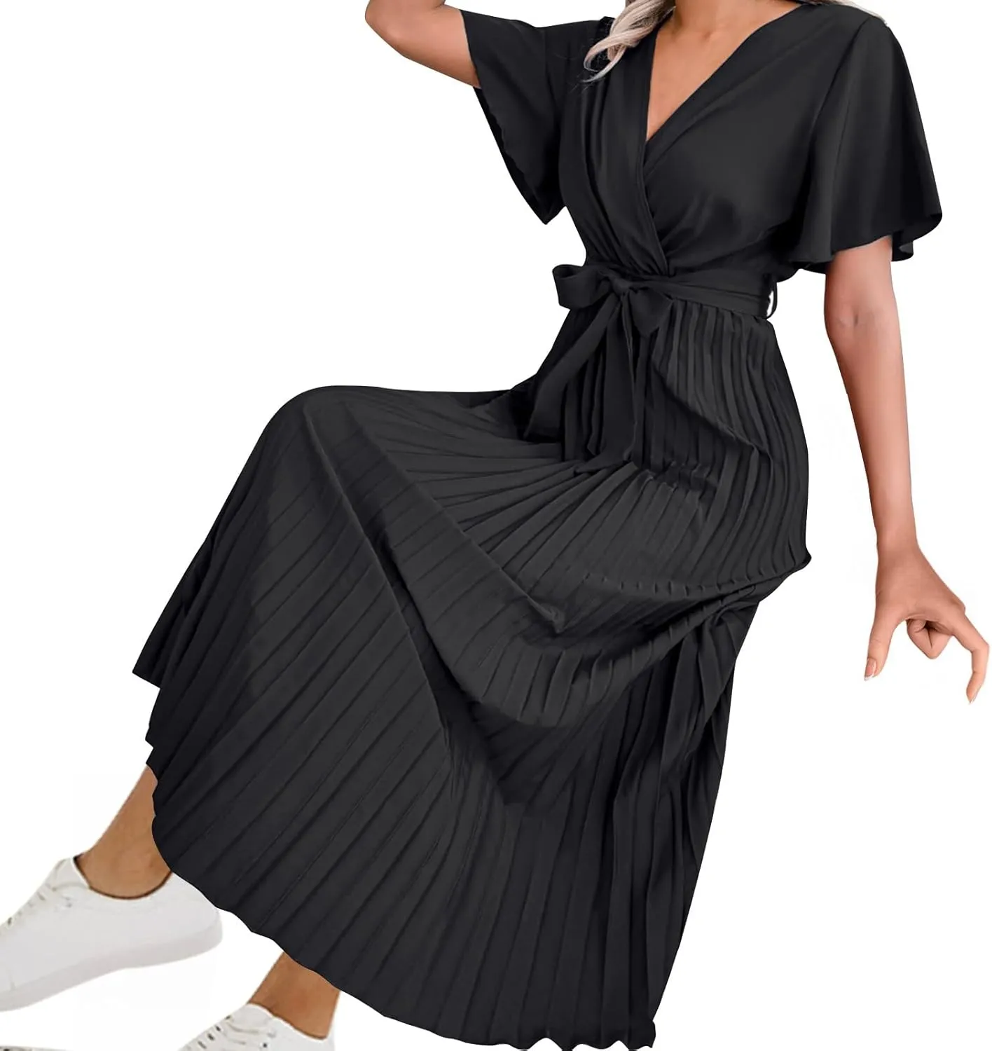 Womens Casual Spring Summer Dresses Short Sleeve V-Neck Wrap Waist Maxi Dress Elegant Pleated Flowy Midi Dress 2025