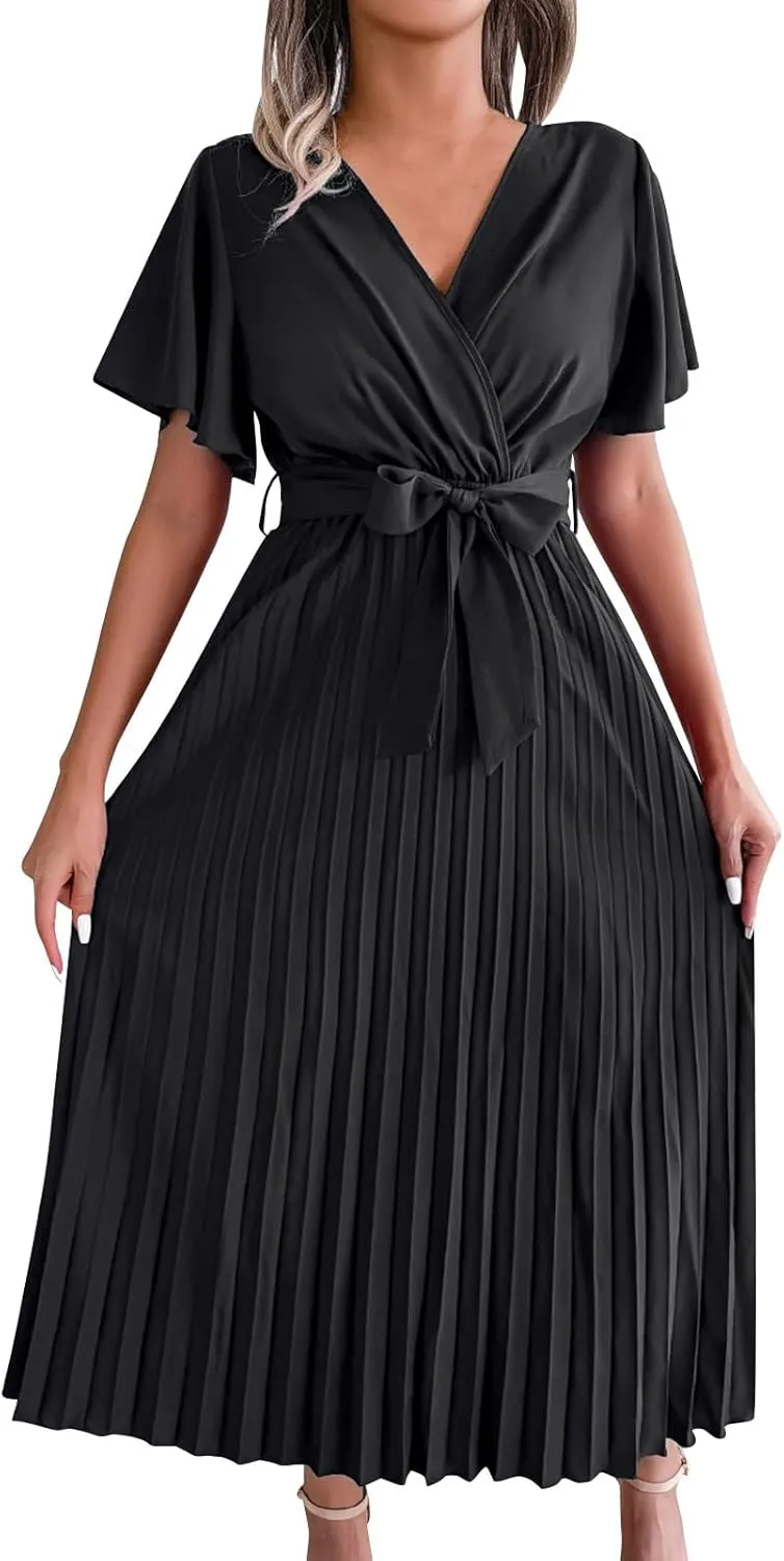 Womens Casual Spring Summer Dresses Short Sleeve V-Neck Wrap Waist Maxi Dress Elegant Pleated Flowy Midi Dress 2025