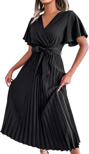 Womens Casual Spring Summer Dresses Short Sleeve V-Neck Wrap Waist Maxi Dress Elegant Pleated Flowy Midi Dress 2025