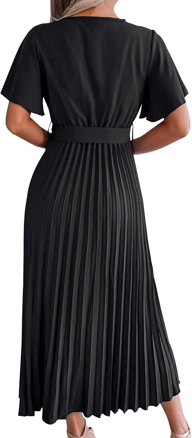Womens Casual Spring Summer Dresses Short Sleeve V-Neck Wrap Waist Maxi Dress Elegant Pleated Flowy Midi Dress 2025