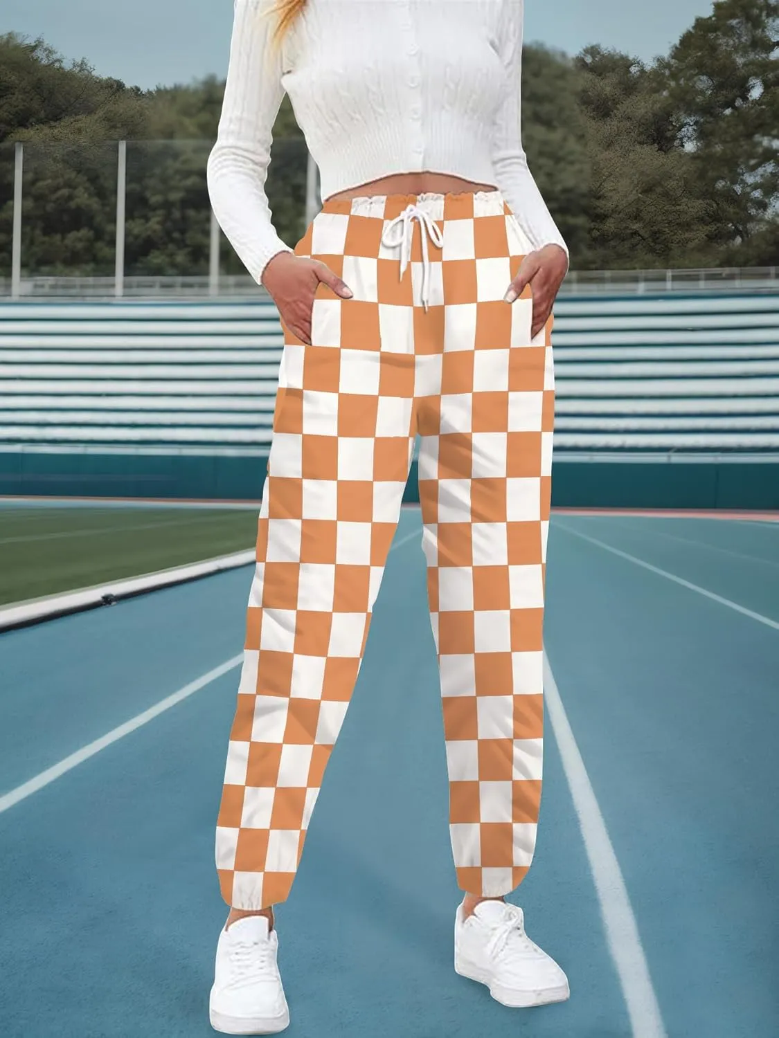 Womens Checkered Pants Baggy Sweatpants Drawstring Elastic Waist Y2K Athletic Joggers Lounge Pants with Pockets
