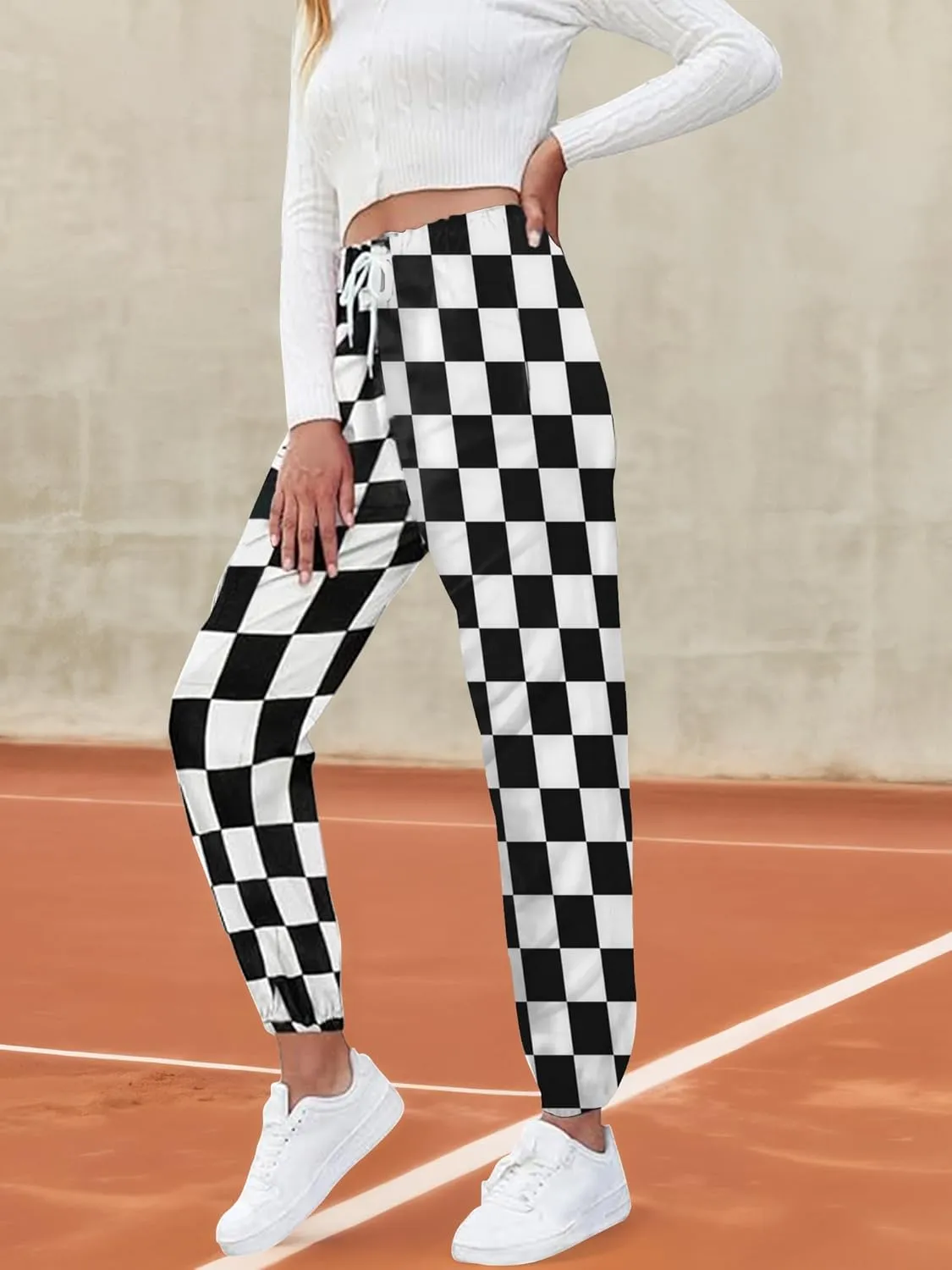 Womens Checkered Pants Baggy Sweatpants Drawstring Elastic Waist Y2K Athletic Joggers Lounge Pants with Pockets