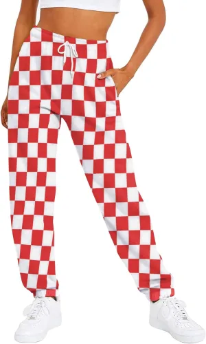 Womens Checkered Pants Baggy Sweatpants Drawstring Elastic Waist Y2K Athletic Joggers Lounge Pants with Pockets