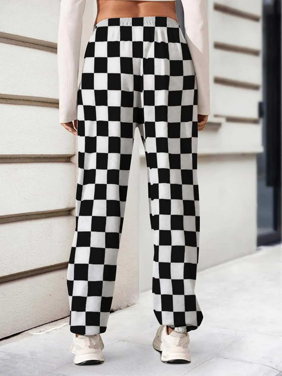 Womens Checkered Pants Baggy Sweatpants Drawstring Elastic Waist Y2K Athletic Joggers Lounge Pants with Pockets