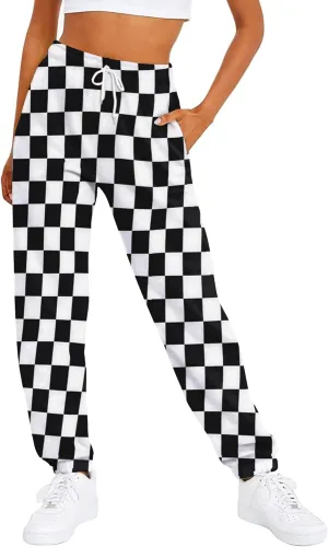 Womens Checkered Pants Baggy Sweatpants Drawstring Elastic Waist Y2K Athletic Joggers Lounge Pants with Pockets