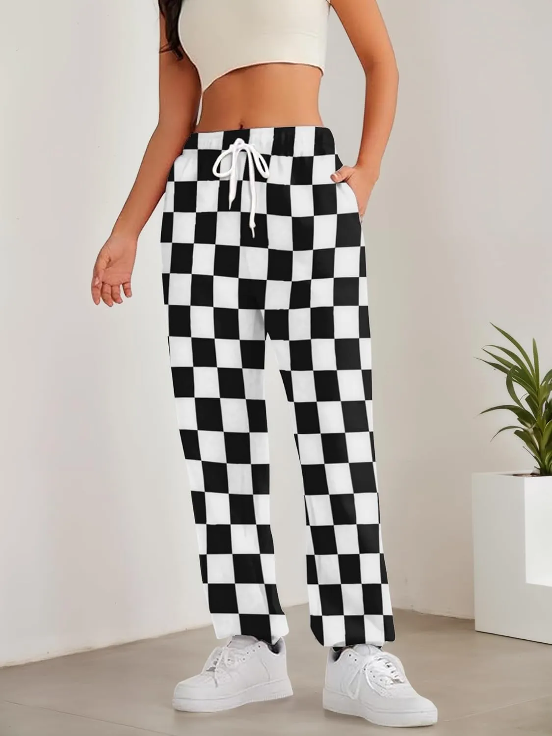 Womens Checkered Pants Baggy Sweatpants Drawstring Elastic Waist Y2K Athletic Joggers Lounge Pants with Pockets
