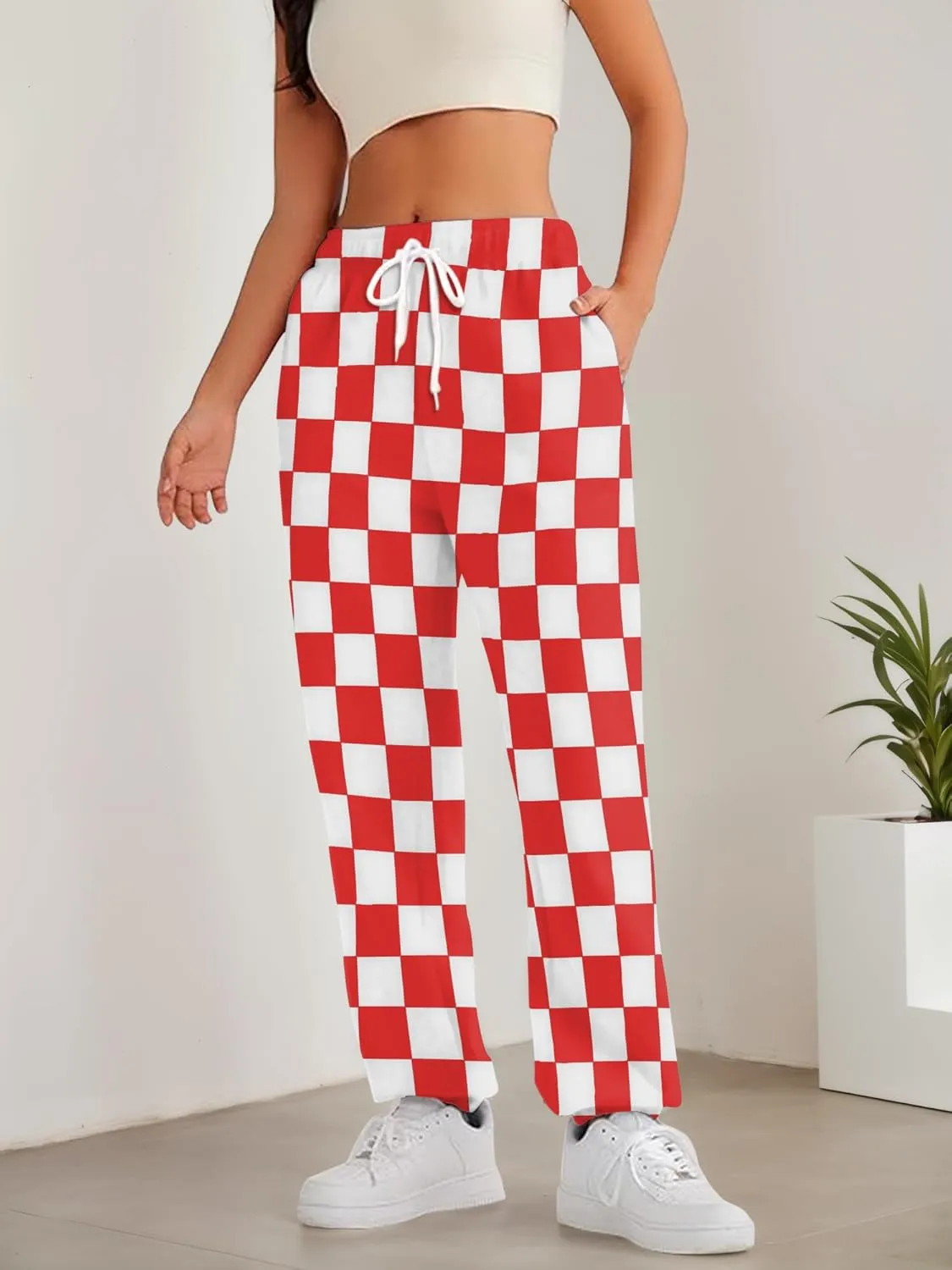 Womens Checkered Pants Baggy Sweatpants Drawstring Elastic Waist Y2K Athletic Joggers Lounge Pants with Pockets