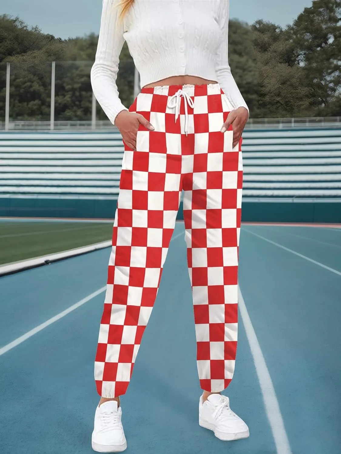 Womens Checkered Pants Baggy Sweatpants Drawstring Elastic Waist Y2K Athletic Joggers Lounge Pants with Pockets