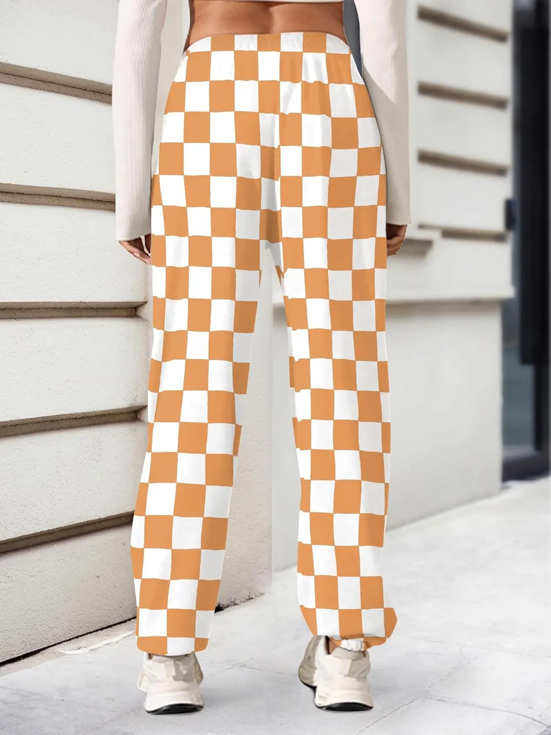 Womens Checkered Pants Baggy Sweatpants Drawstring Elastic Waist Y2K Athletic Joggers Lounge Pants with Pockets