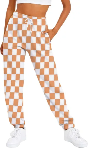 Womens Checkered Pants Baggy Sweatpants Drawstring Elastic Waist Y2K Athletic Joggers Lounge Pants with Pockets
