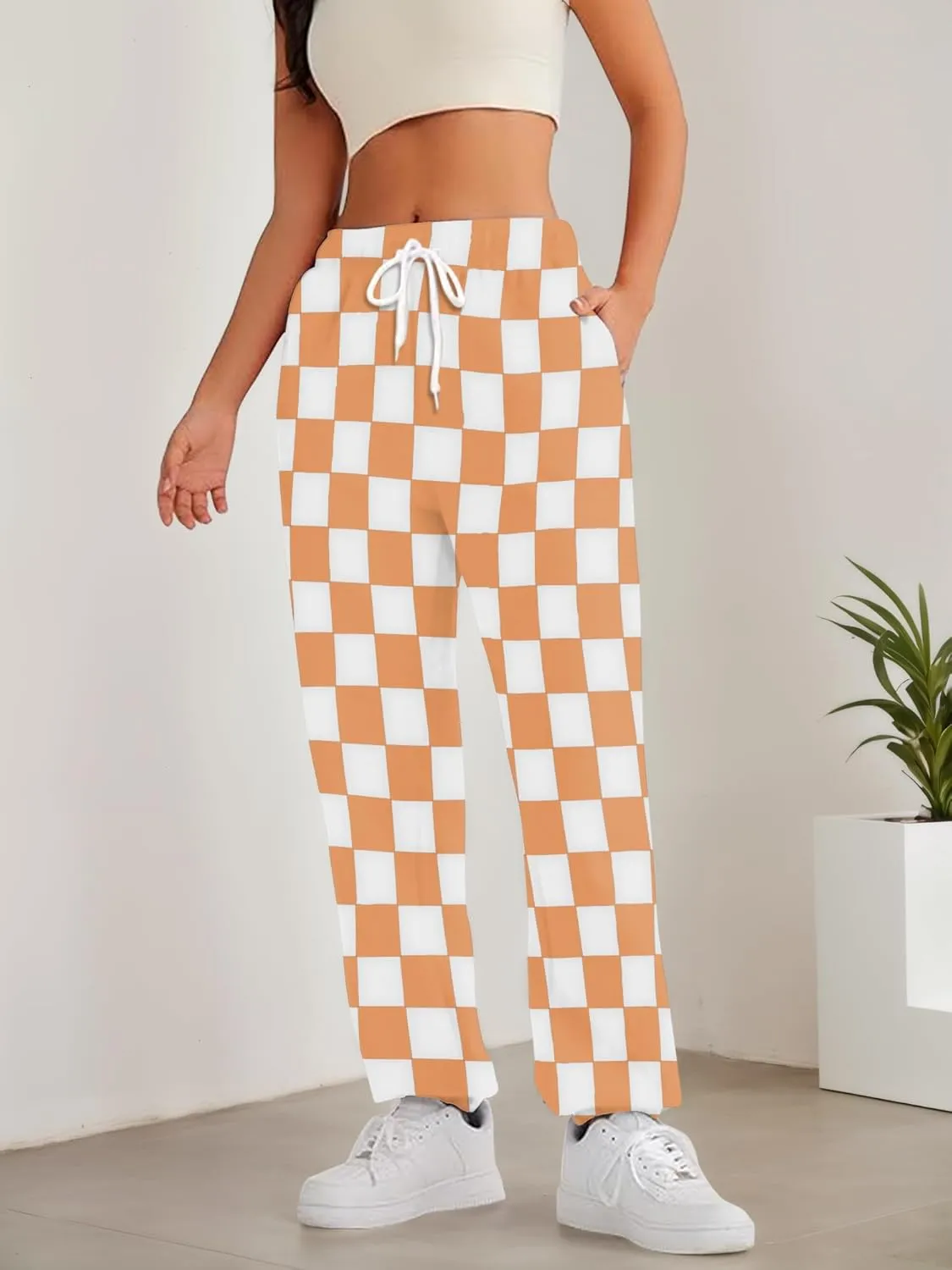 Womens Checkered Pants Baggy Sweatpants Drawstring Elastic Waist Y2K Athletic Joggers Lounge Pants with Pockets
