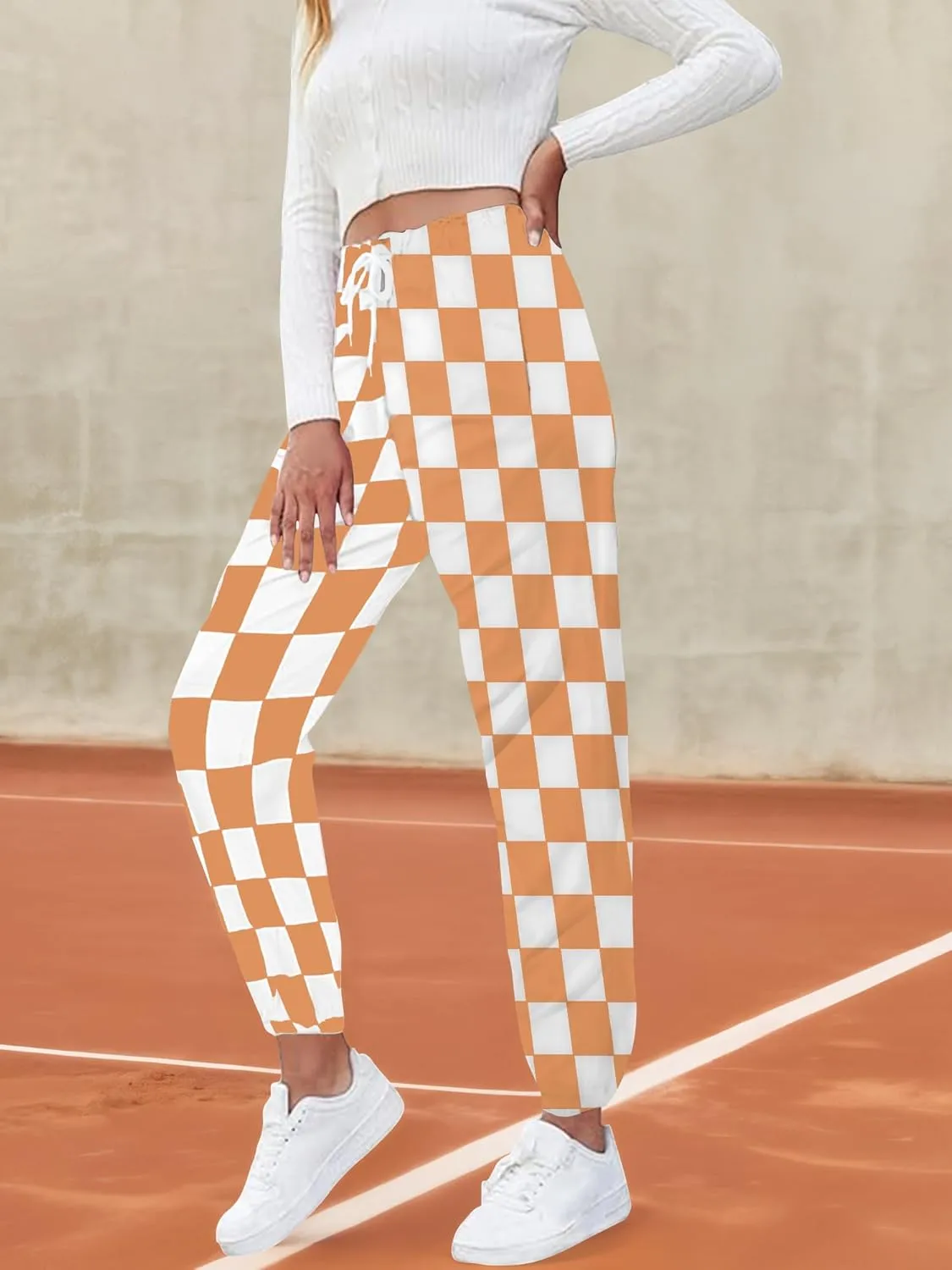 Womens Checkered Pants Baggy Sweatpants Drawstring Elastic Waist Y2K Athletic Joggers Lounge Pants with Pockets