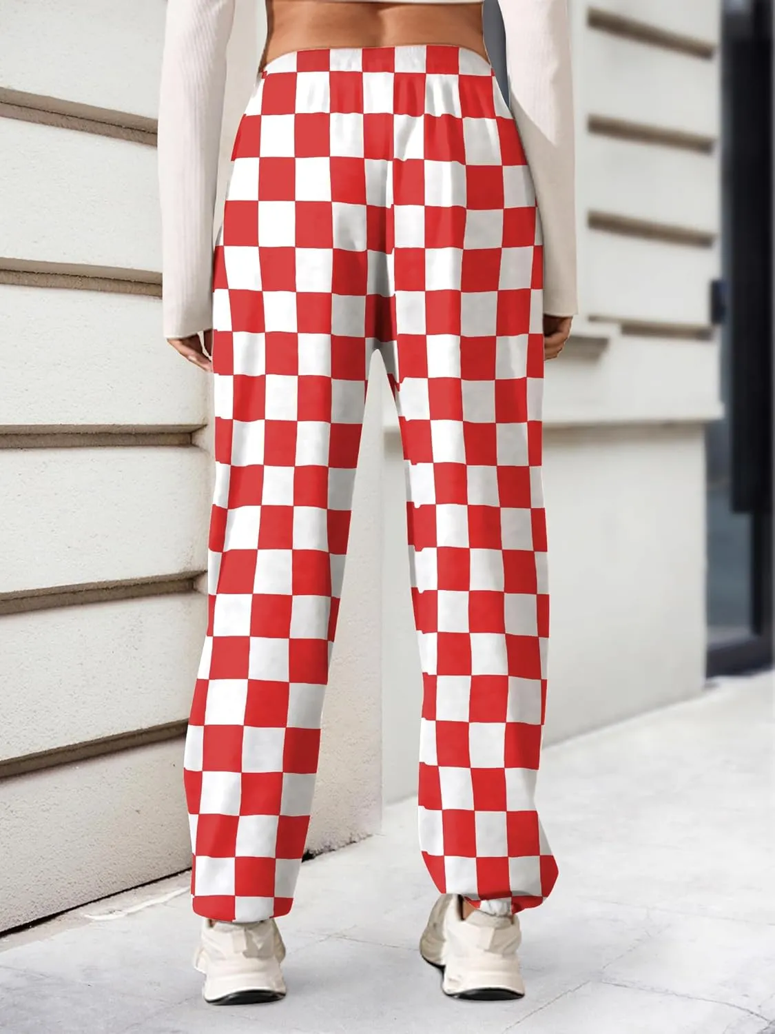 Womens Checkered Pants Baggy Sweatpants Drawstring Elastic Waist Y2K Athletic Joggers Lounge Pants with Pockets