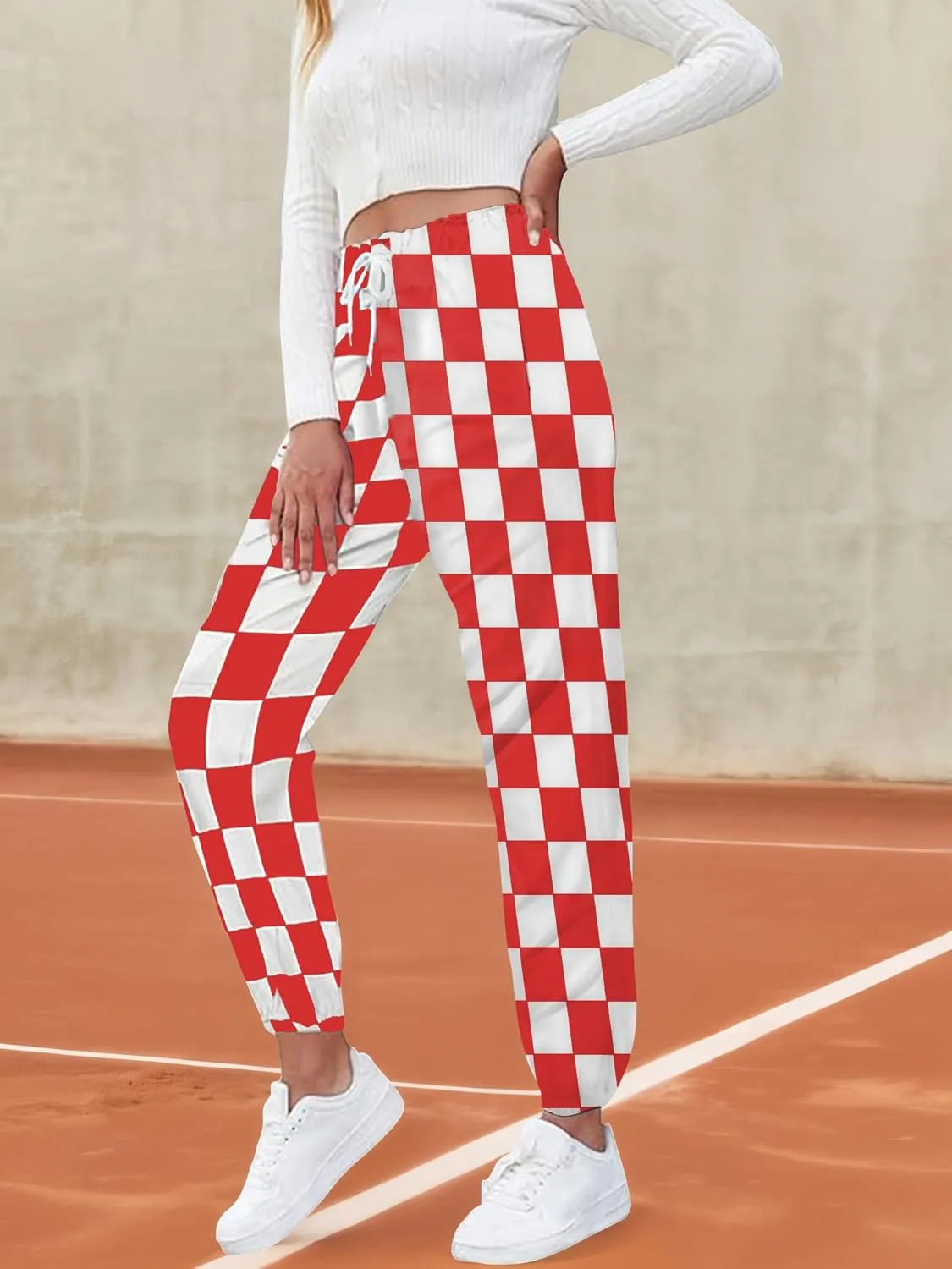 Womens Checkered Pants Baggy Sweatpants Drawstring Elastic Waist Y2K Athletic Joggers Lounge Pants with Pockets