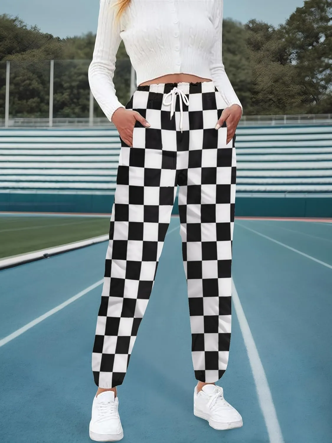 Womens Checkered Pants Baggy Sweatpants Drawstring Elastic Waist Y2K Athletic Joggers Lounge Pants with Pockets