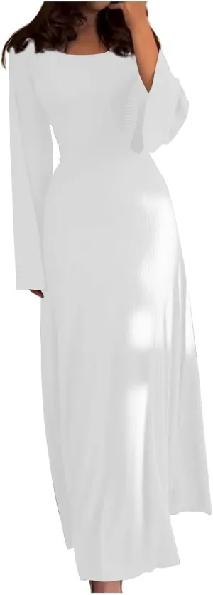 Women's Cocktail Party Maxi Wedding Dresses Solid Round Neck Long Sleeve Pleated Cinched Waist Dress Flowy Long Dress