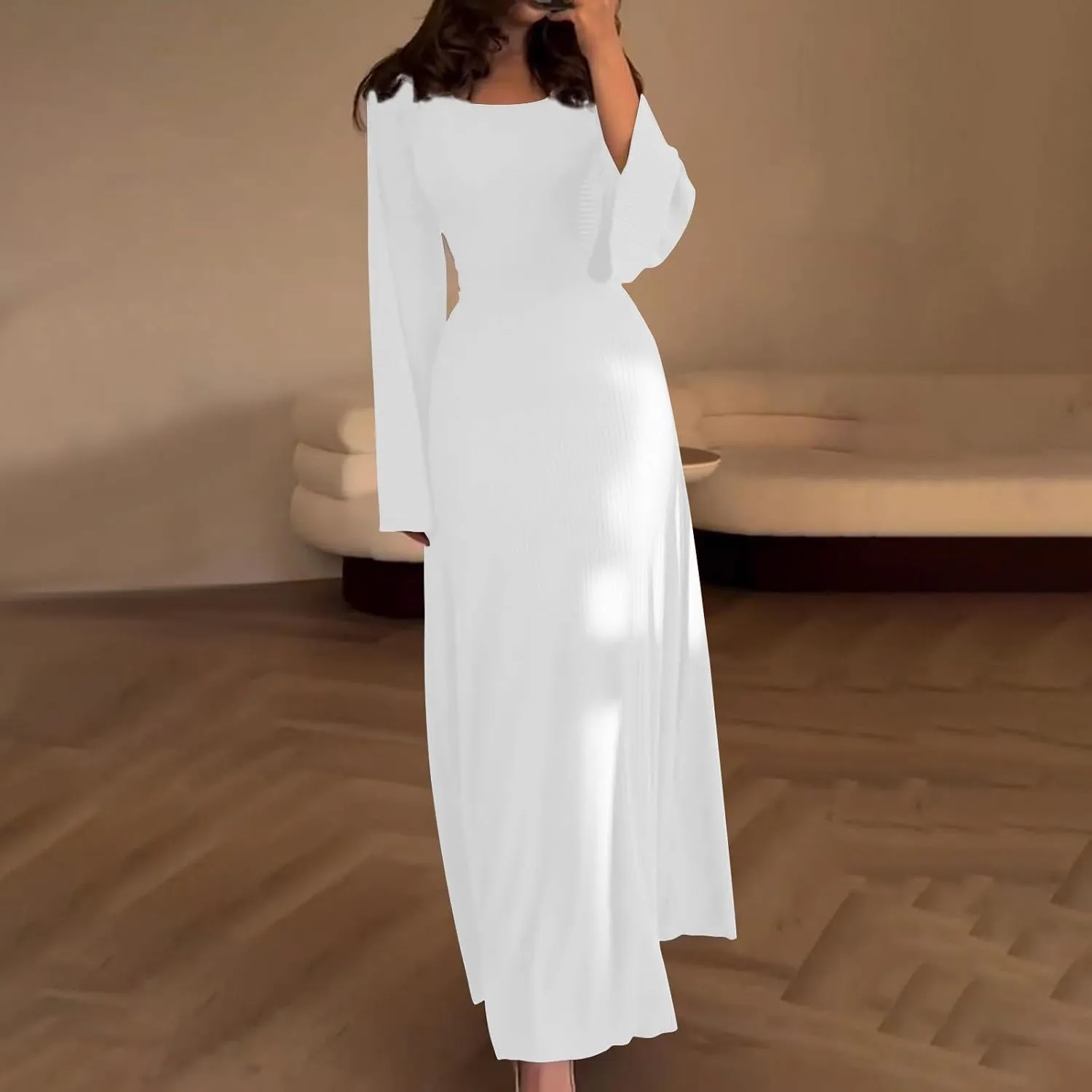 Women's Cocktail Party Maxi Wedding Dresses Solid Round Neck Long Sleeve Pleated Cinched Waist Dress Flowy Long Dress