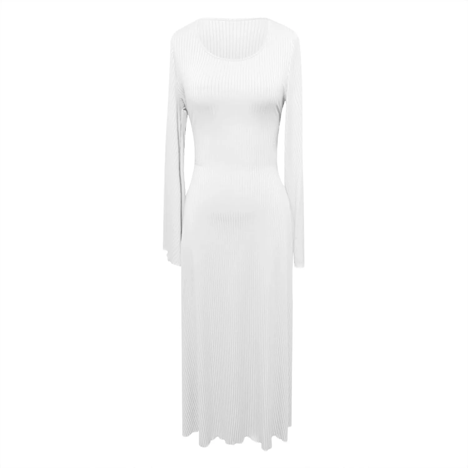 Women's Cocktail Party Maxi Wedding Dresses Solid Round Neck Long Sleeve Pleated Cinched Waist Dress Flowy Long Dress