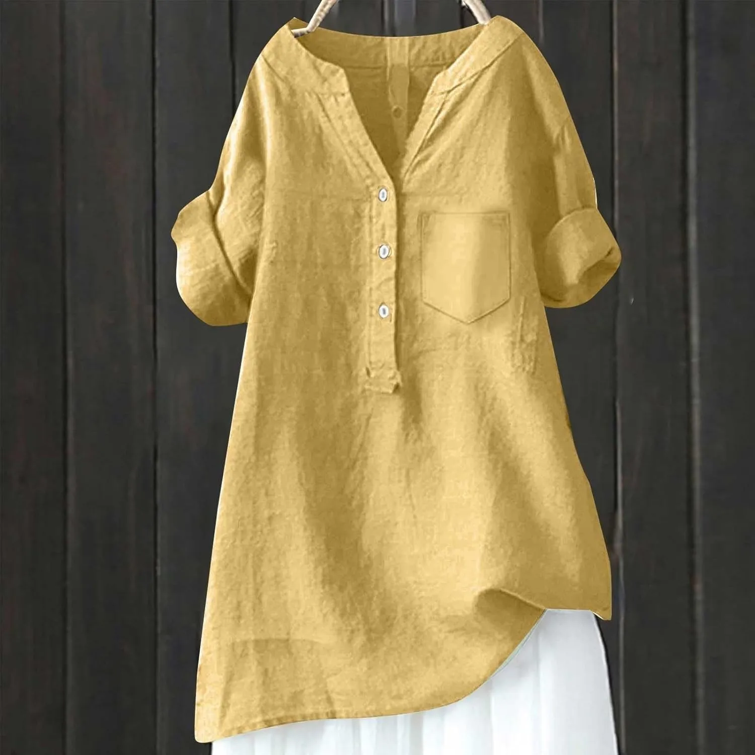 Womens Collared Button Down Shirts Solid Long Sleeve Linen Summer Casual Dress Blouse Top Loose Fit Tee Tops