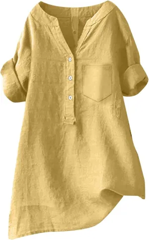 Womens Collared Button Down Shirts Solid Long Sleeve Linen Summer Casual Dress Blouse Top Loose Fit Tee Tops