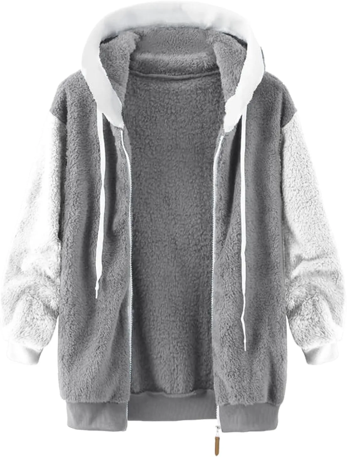 Women's Contrasting Lamb Wool Padded Coat Trendy Faux Shearling Coat Warm Hooded Zip Up Fuzzy Winter Jacket with Pockets