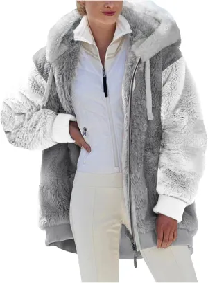 Women's Contrasting Lamb Wool Padded Coat Trendy Faux Shearling Coat Warm Hooded Zip Up Fuzzy Winter Jacket with Pockets