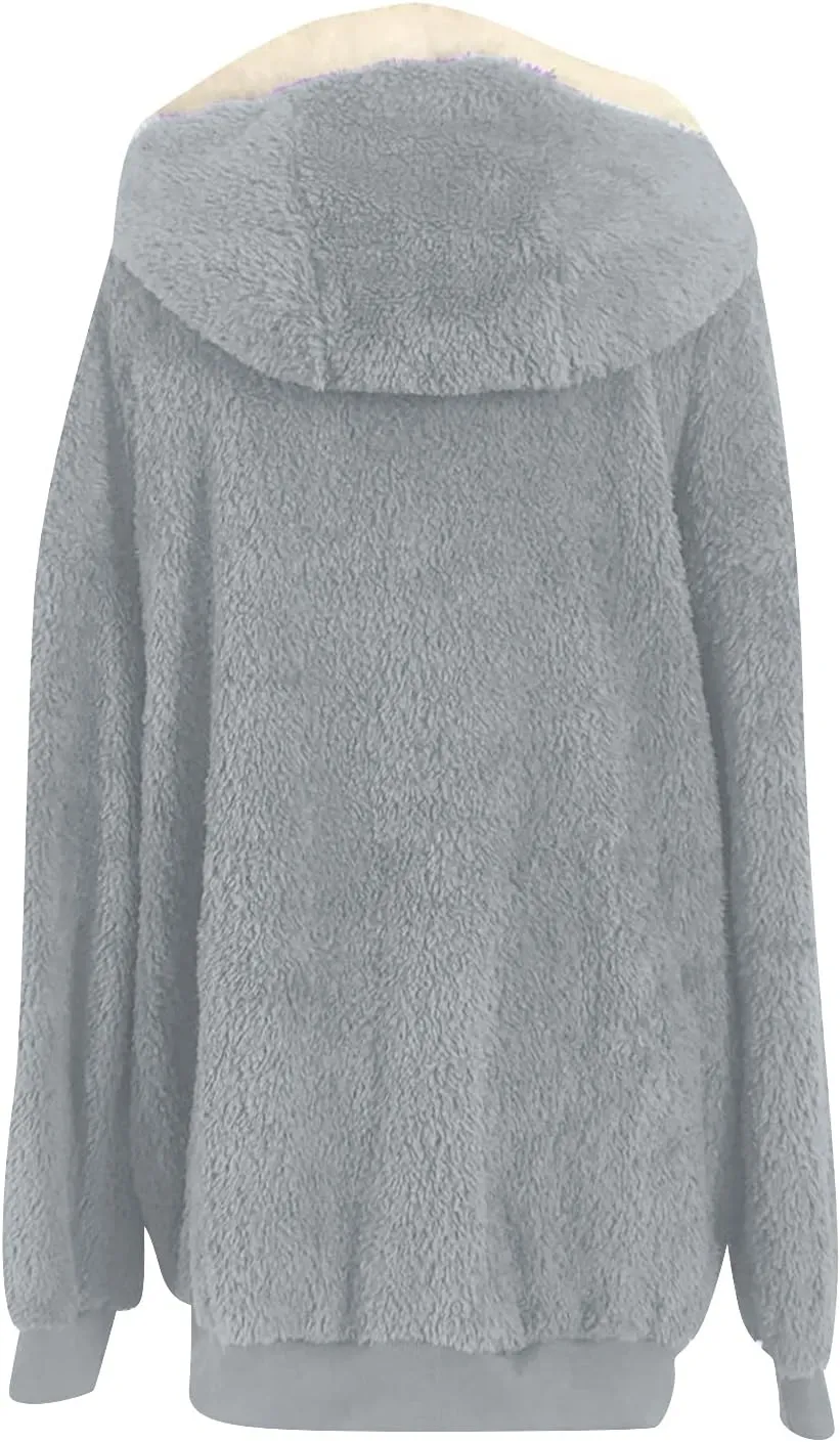 Women's Contrasting Lamb Wool Padded Coat Trendy Faux Shearling Coat Warm Hooded Zip Up Fuzzy Winter Jacket with Pockets